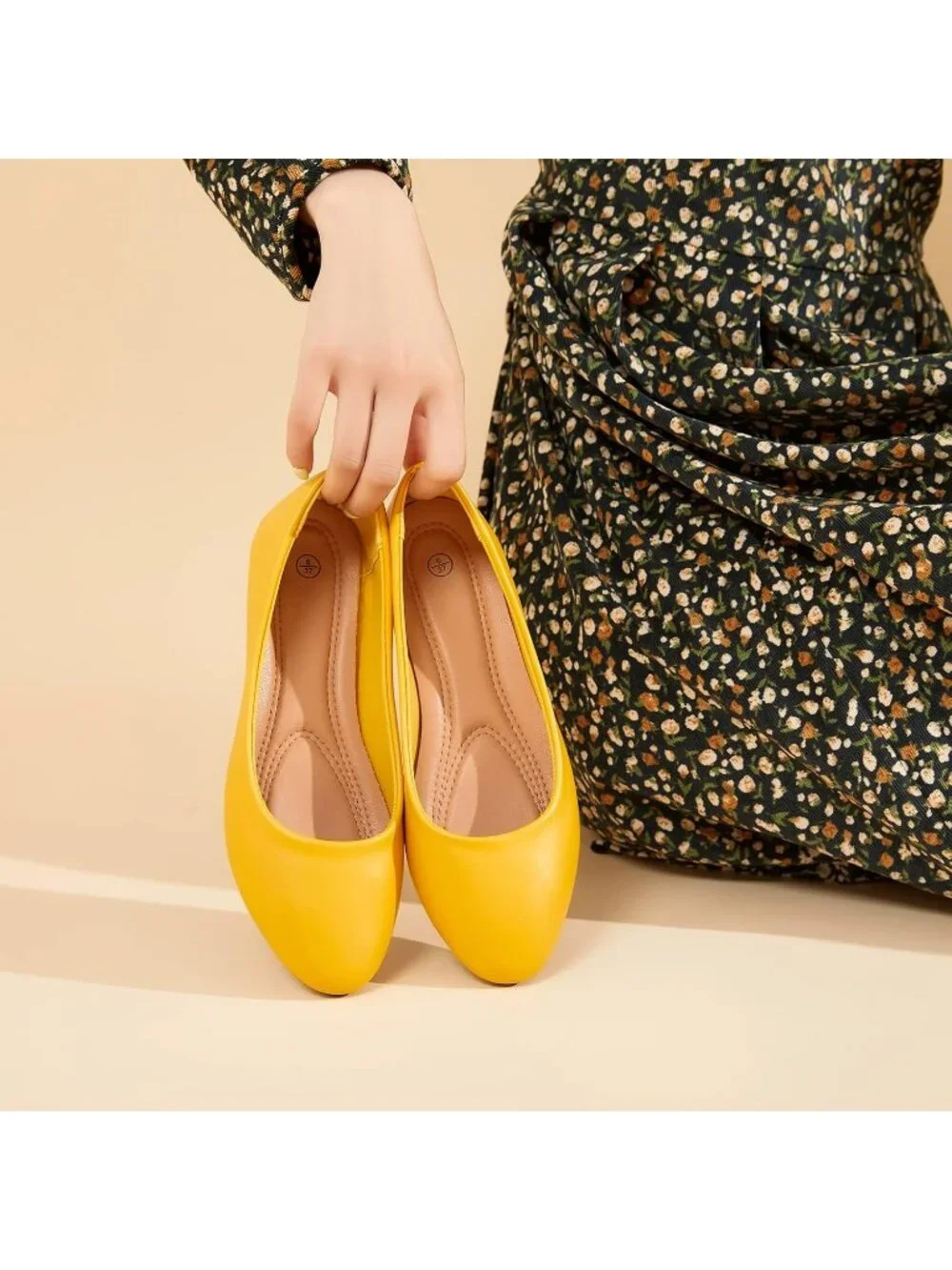 Women's Yellow PU Leather Closed Toe Comfortable Flexible Slip On Ballet Flats